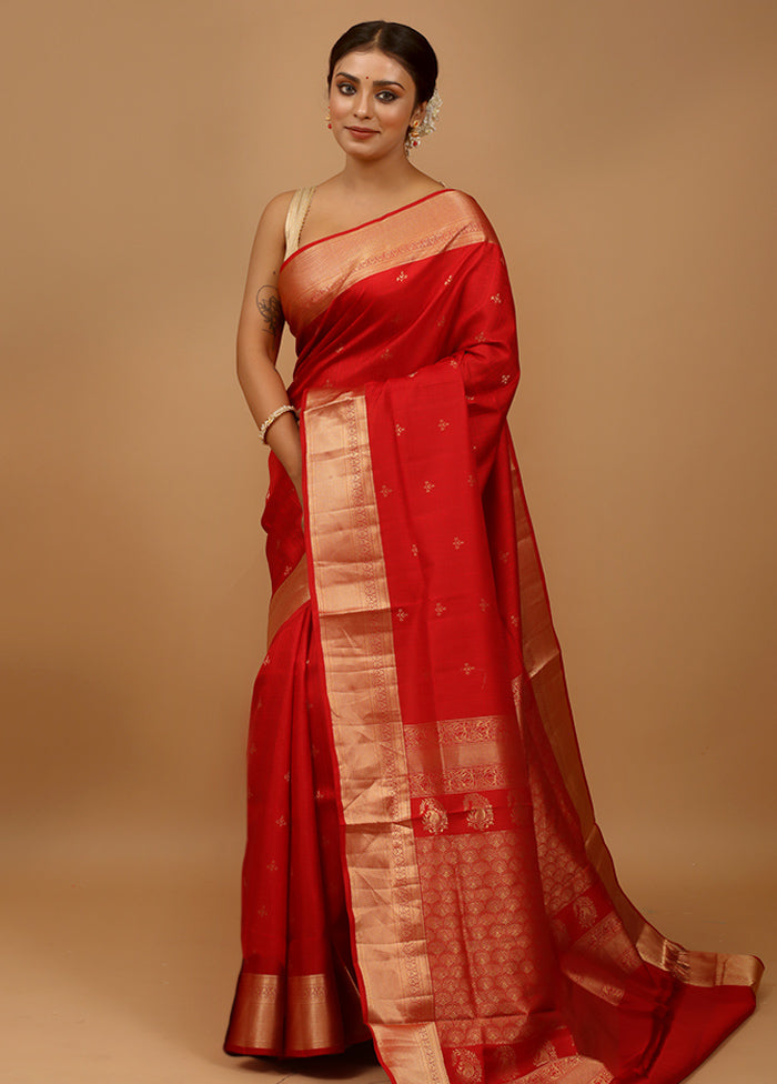 Red Handloom Kanjivaram Pure Silk Saree With Blouse Piece