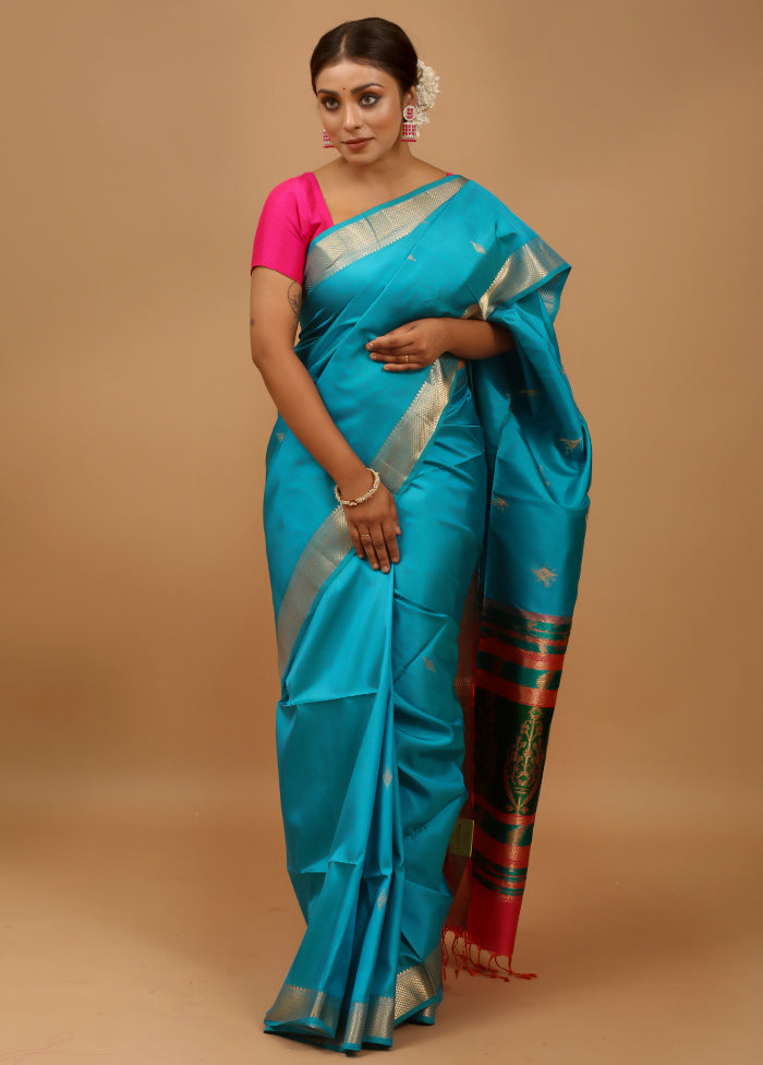 Blue Handloom Kanchipuram Pure Silk Saree With Blouse Piece