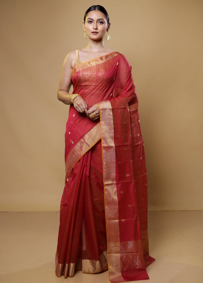 Red Handloom Chanderi Pure Cotton Saree With Blouse Piece