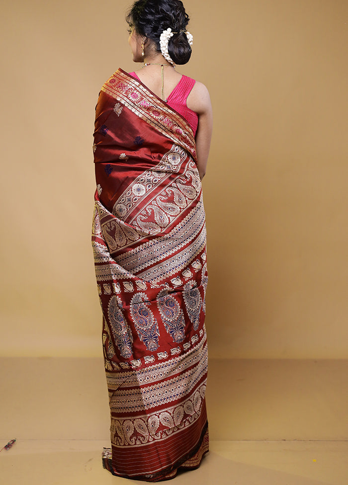 Maroon Handloom Baluchari Pure Silk Saree With Blouse Piece