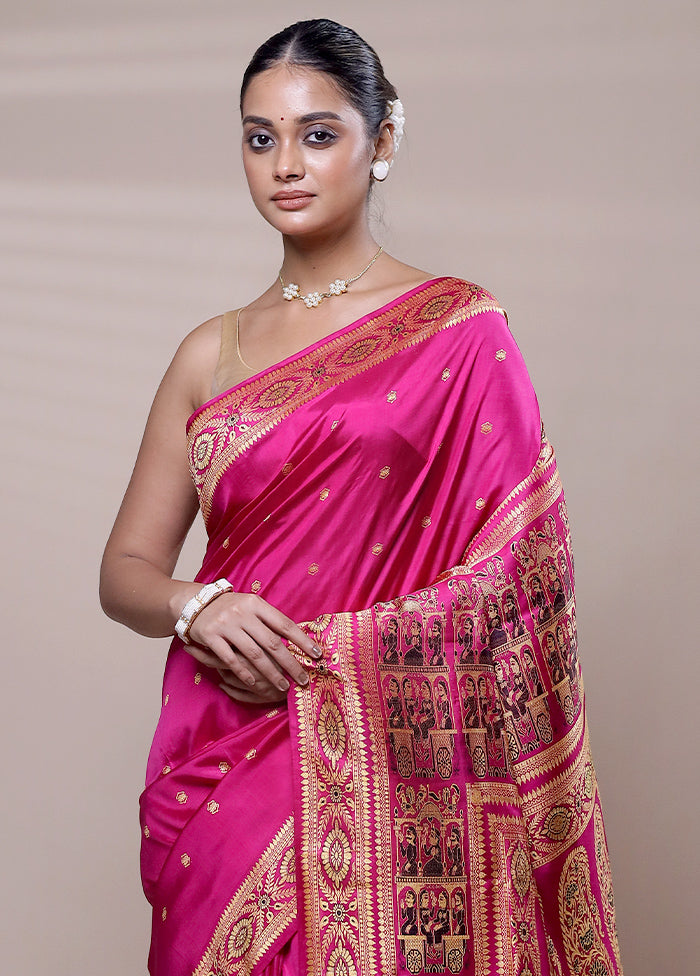 Pink Handloom Baluchari Pure Silk Saree With Blouse Piece