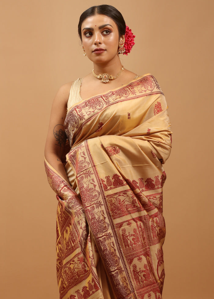 Cream Handloom Baluchari Pure Silk Saree With Blouse Piece