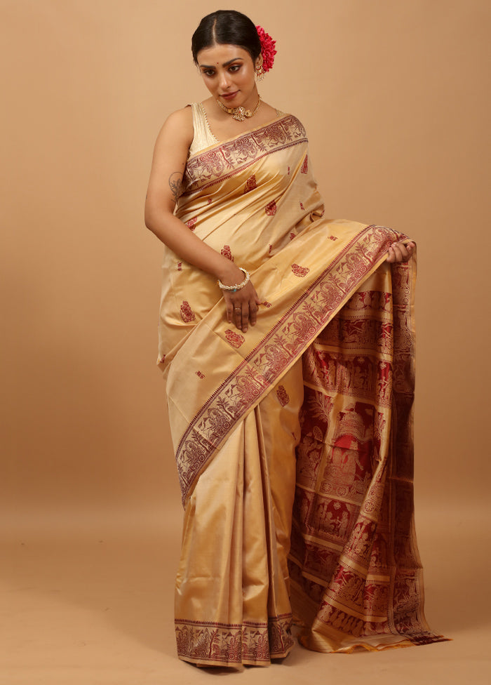 Cream Handloom Baluchari Pure Silk Saree With Blouse Piece