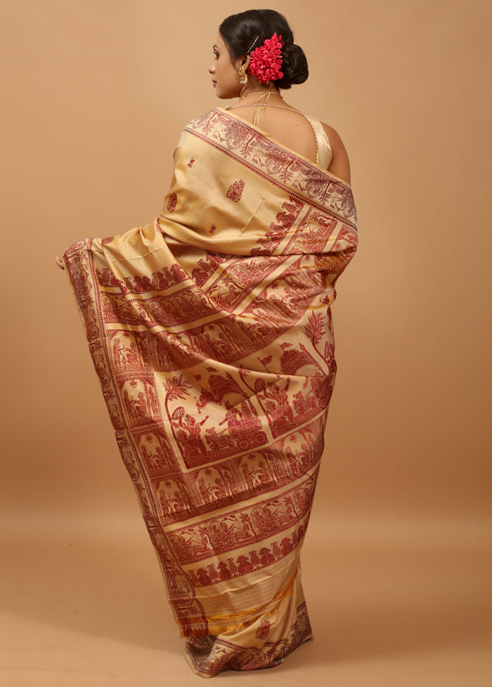 Cream Handloom Baluchari Pure Silk Saree With Blouse Piece