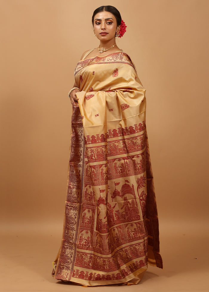 Cream Handloom Baluchari Pure Silk Saree With Blouse Piece