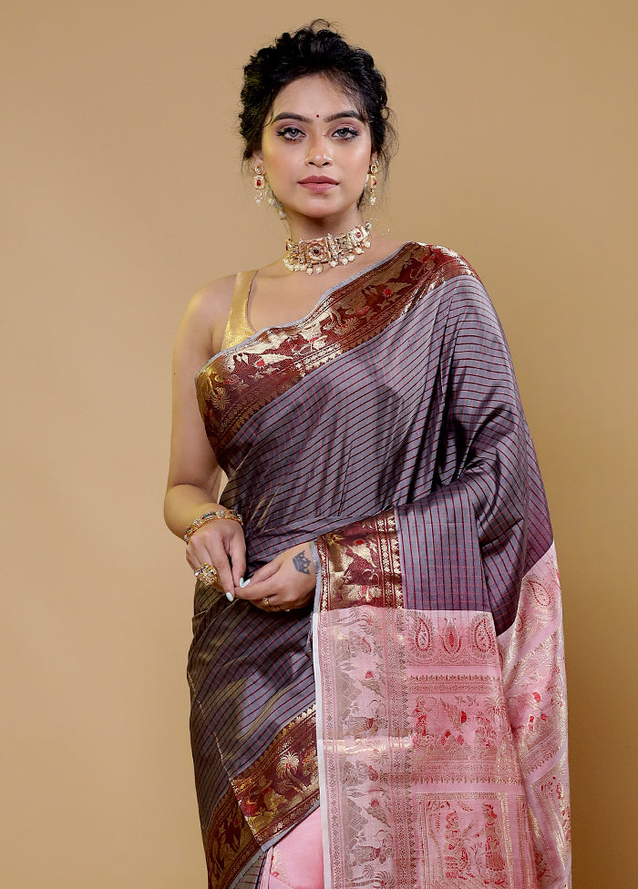 Grey Handloom Baluchari Pure Silk Saree With Blouse Piece