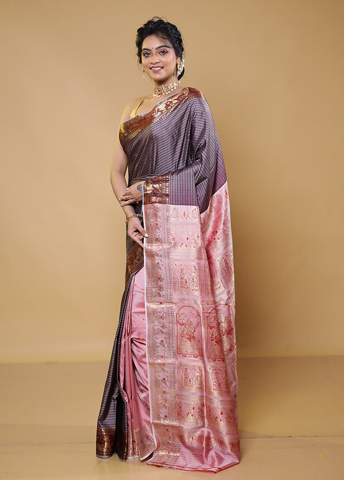 Grey Handloom Baluchari Pure Silk Saree With Blouse Piece