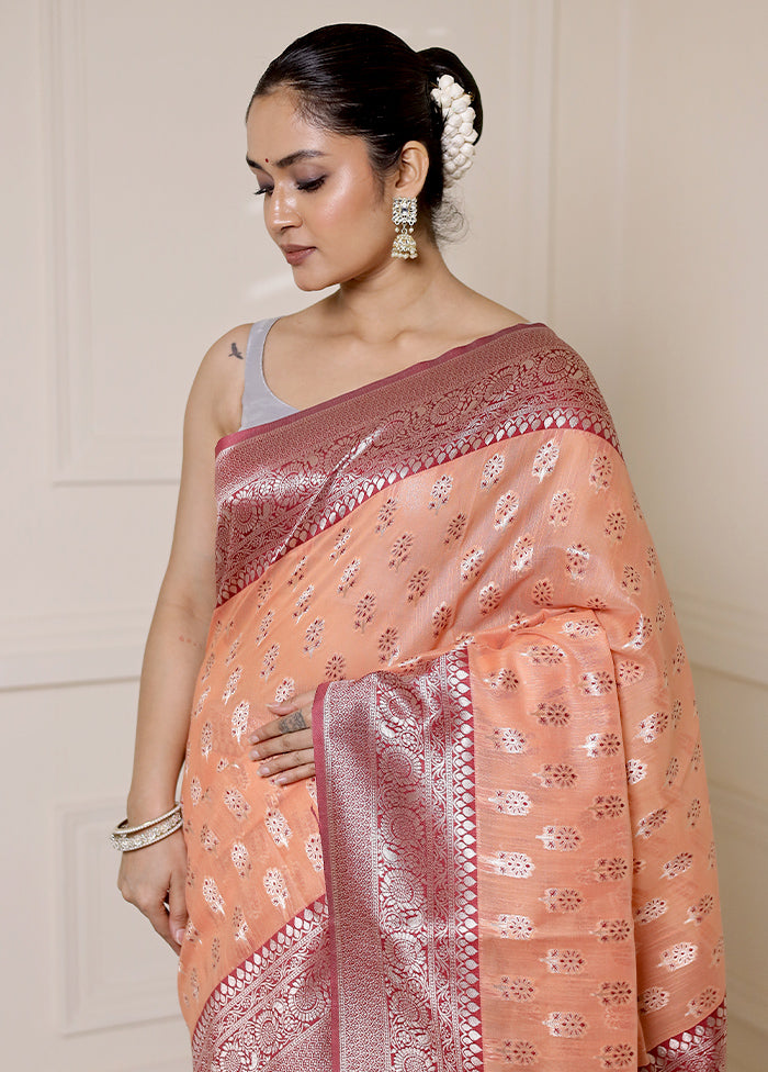 Peach Dupion Silk Saree With Blouse Piece