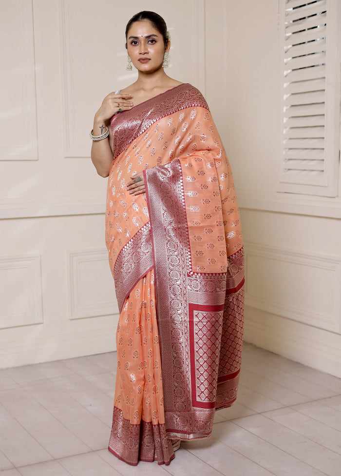 Peach Dupion Silk Saree With Blouse Piece