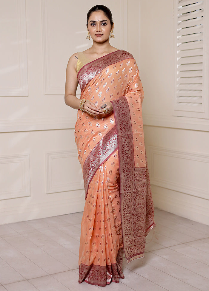 Peach Kora Silk Saree With Blouse Piece