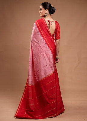 Pink Handloom Kanjivaram Pure Silk Saree With Blouse Piece