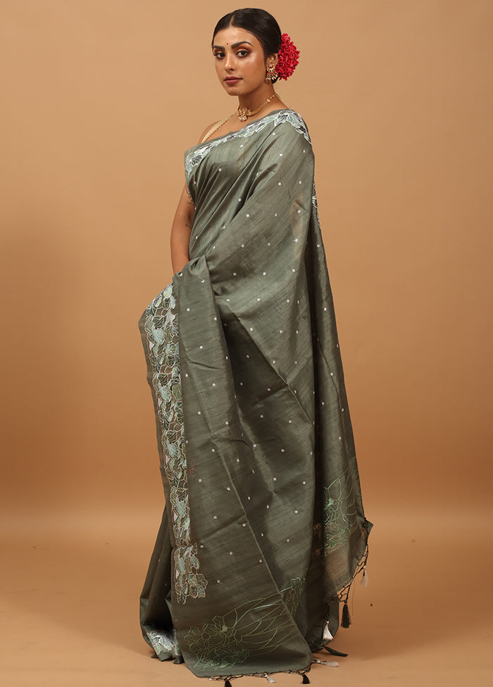 Green Tussar Silk Saree With Blouse Piece