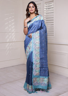 Blue Tussar Silk Saree With Blouse Piece