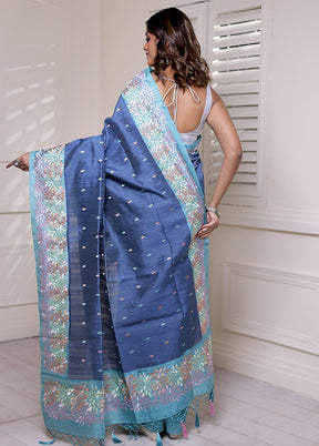 Blue Tussar Silk Saree With Blouse Piece