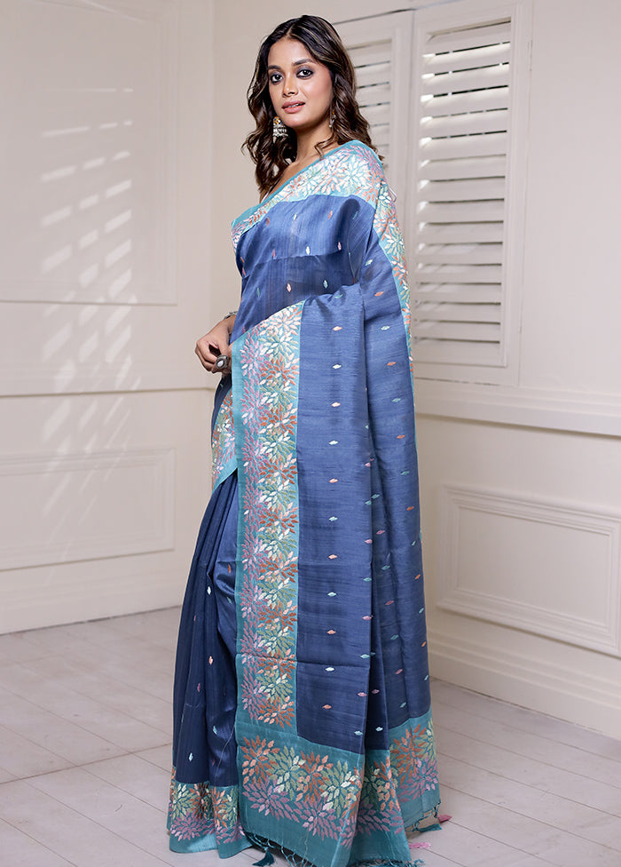 Blue Tussar Silk Saree With Blouse Piece