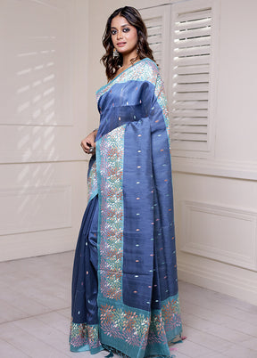 Blue Tussar Silk Saree With Blouse Piece