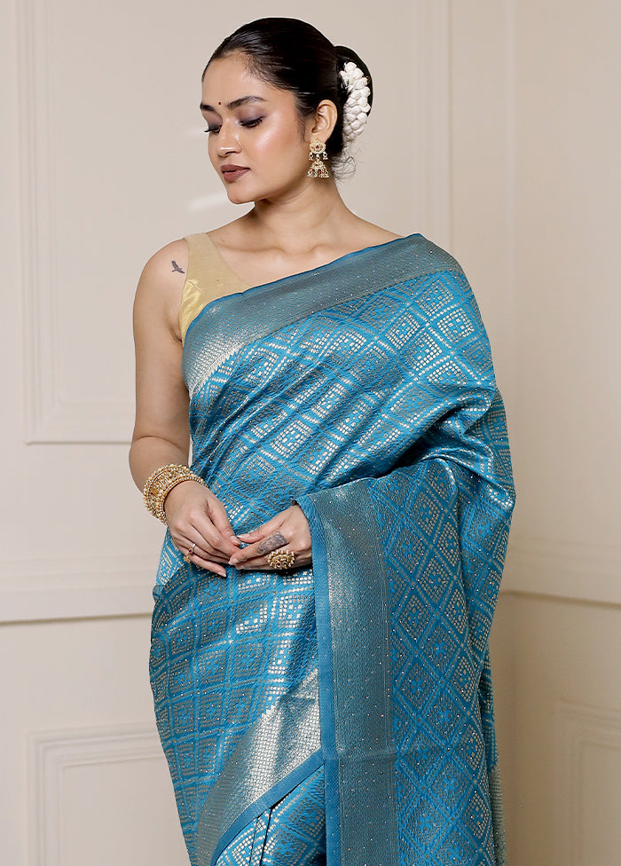 Blue Dupion Silk Saree With Blouse Piece