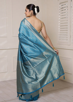 Blue Dupion Silk Saree With Blouse Piece