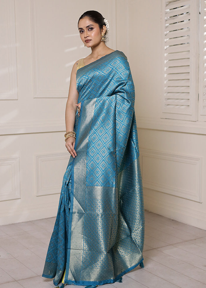 Blue Dupion Silk Saree With Blouse Piece