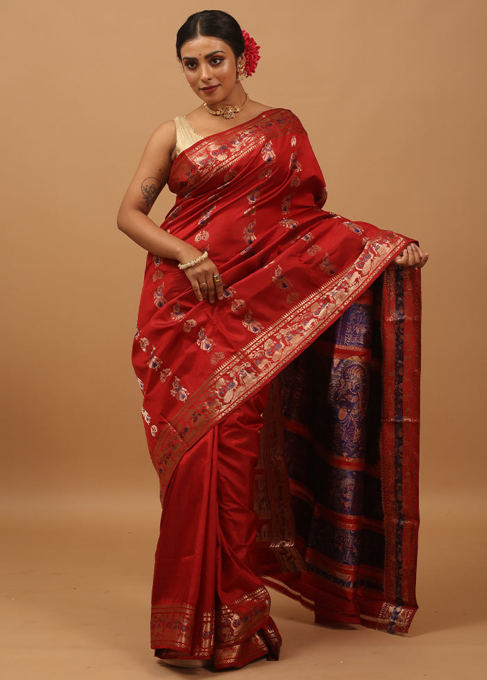 Maroon Handloom Baluchari Pure Silk Saree With Blouse Piece