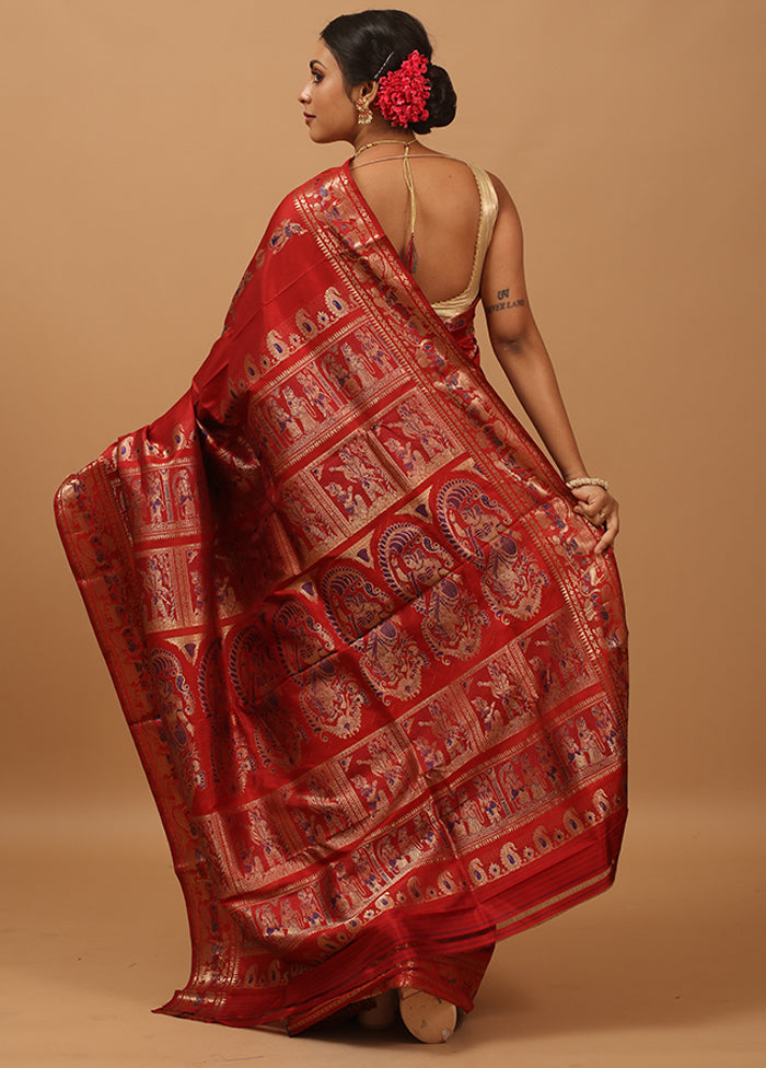 Maroon Handloom Baluchari Pure Silk Saree With Blouse Piece