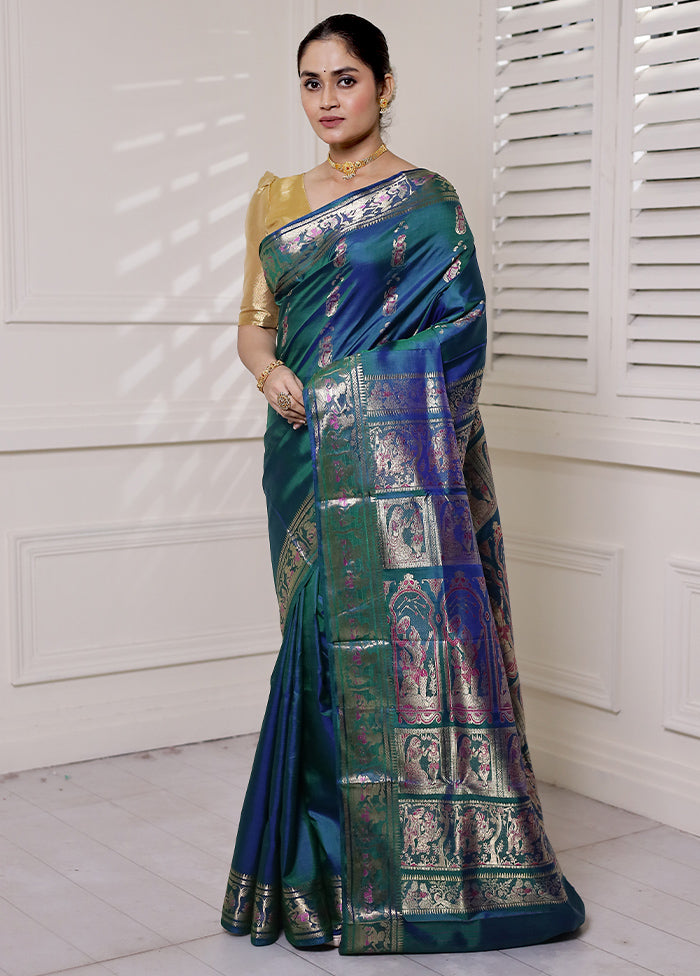 Green Handloom Baluchari Pure Silk Saree With Blouse Piece