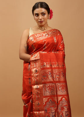 Rust Handloom Baluchari Pure Silk Saree With Blouse Piece