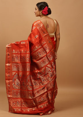 Rust Handloom Baluchari Pure Silk Saree With Blouse Piece