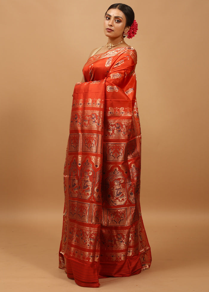 Rust Handloom Baluchari Pure Silk Saree With Blouse Piece