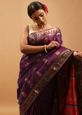 Purple Handloom Baluchari Pure Silk Saree With Blouse Piece