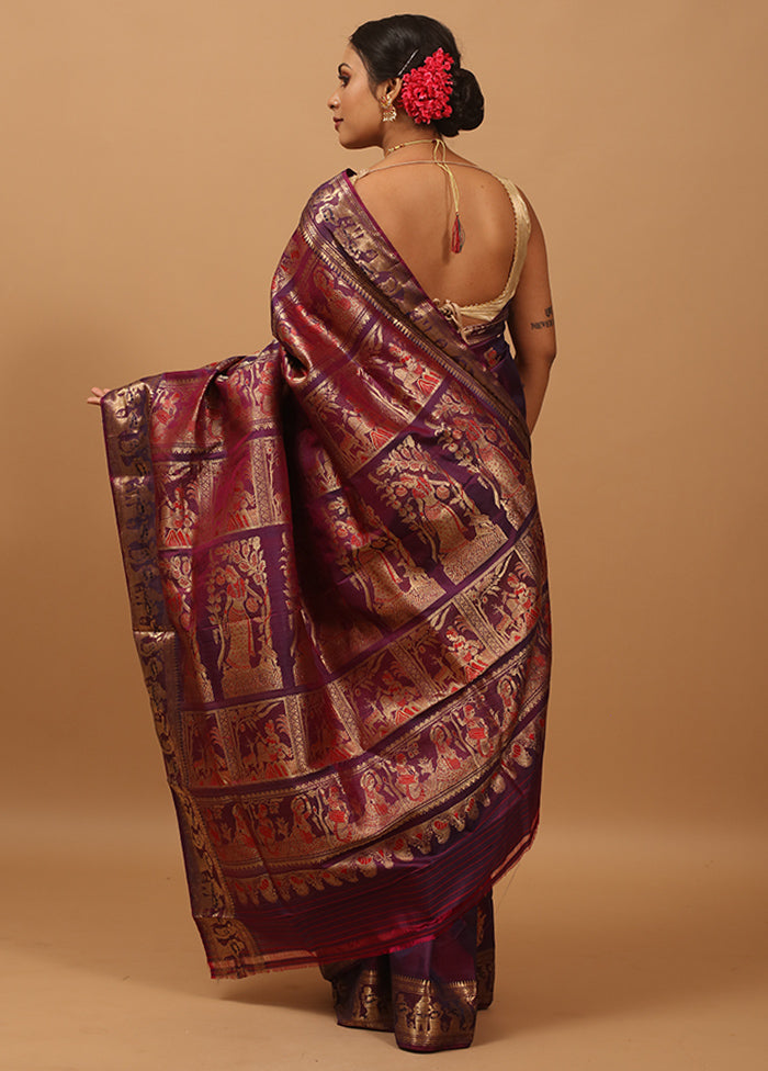 Purple Handloom Baluchari Pure Silk Saree With Blouse Piece