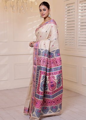 Cream Handloom Baluchari Pure Silk Saree With Blouse Piece