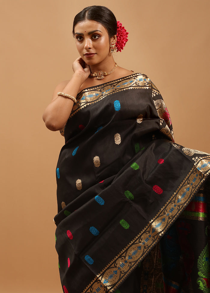 Black Handloom Baluchari Pure Silk Saree With Blouse Piece