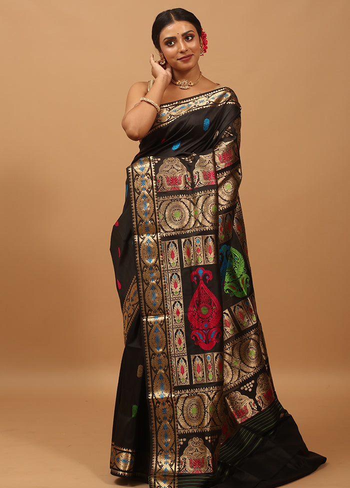 Black Handloom Baluchari Pure Silk Saree With Blouse Piece