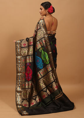 Black Handloom Baluchari Pure Silk Saree With Blouse Piece