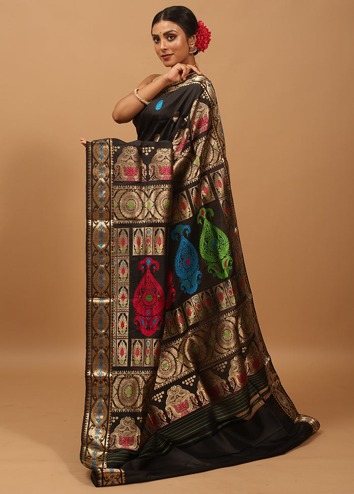 Black Handloom Baluchari Pure Silk Saree With Blouse Piece