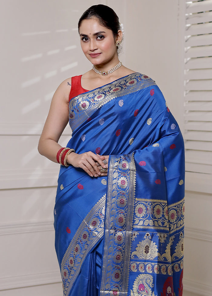 Blue Handloom Baluchari Pure Silk Saree With Blouse Piece