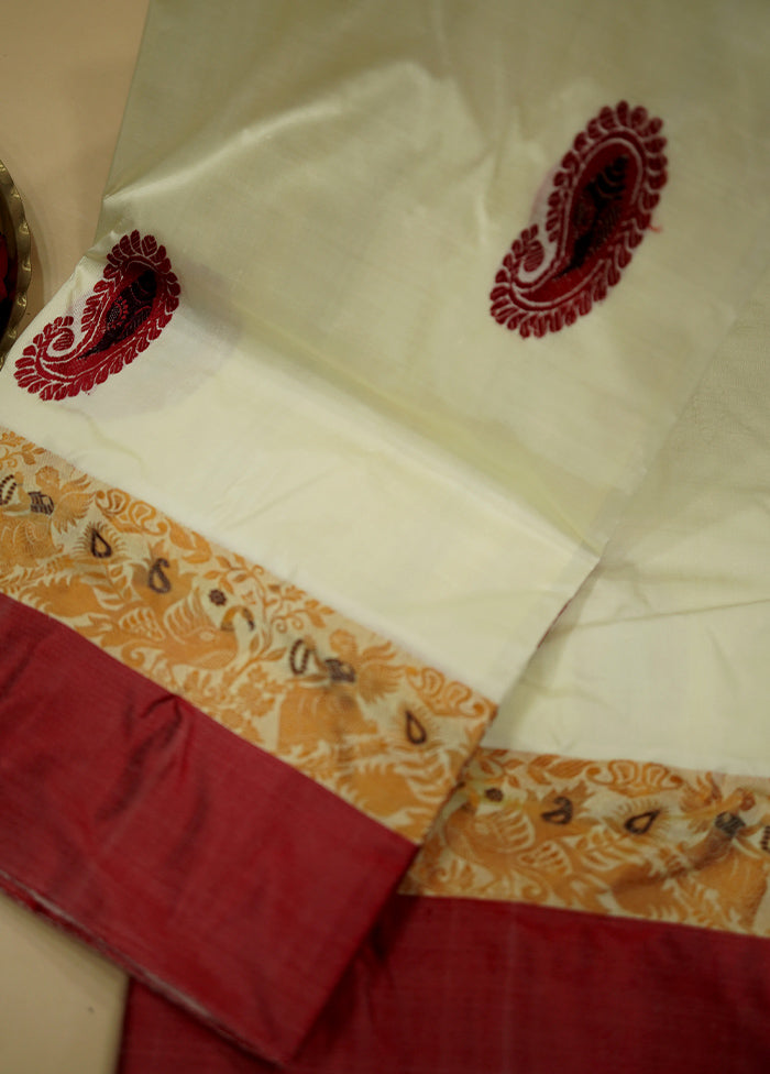 Cream Garad Pure Silk Saree Without Blouse Piece