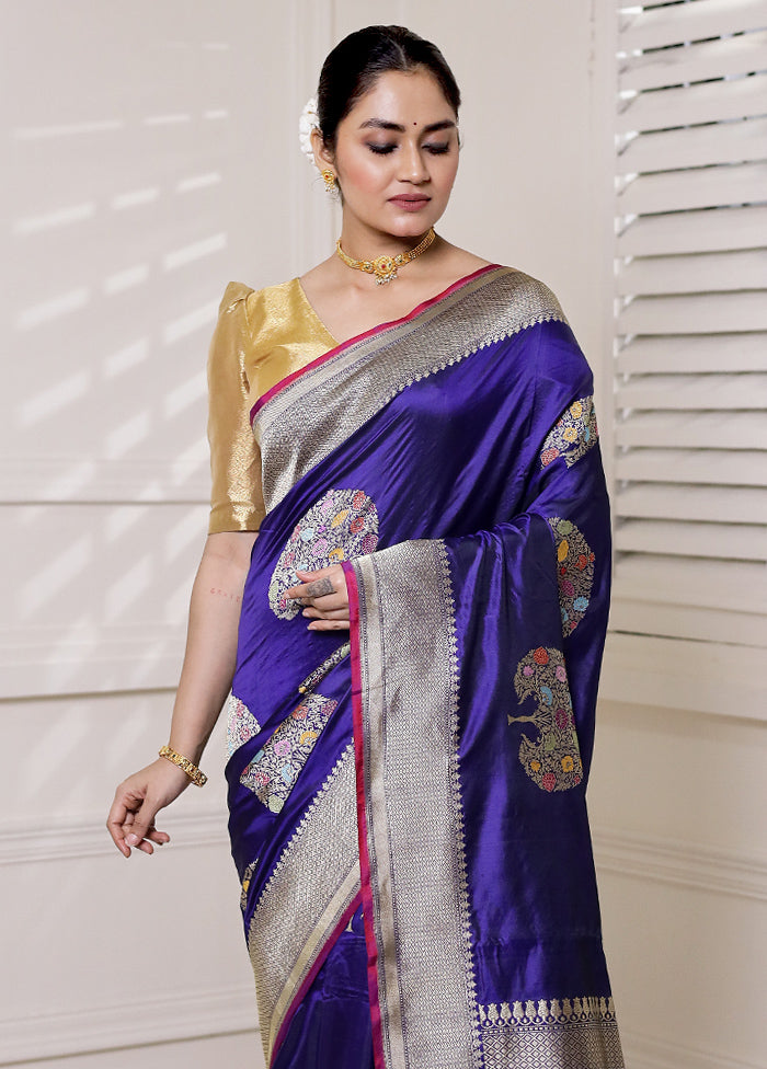 Blue Handloom Katan Pure Silk Saree With Blouse Piece