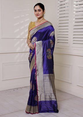 Blue Handloom Katan Pure Silk Saree With Blouse Piece