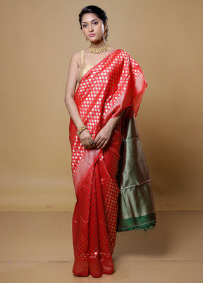 Red Dupion Silk Saree With Blouse Piece