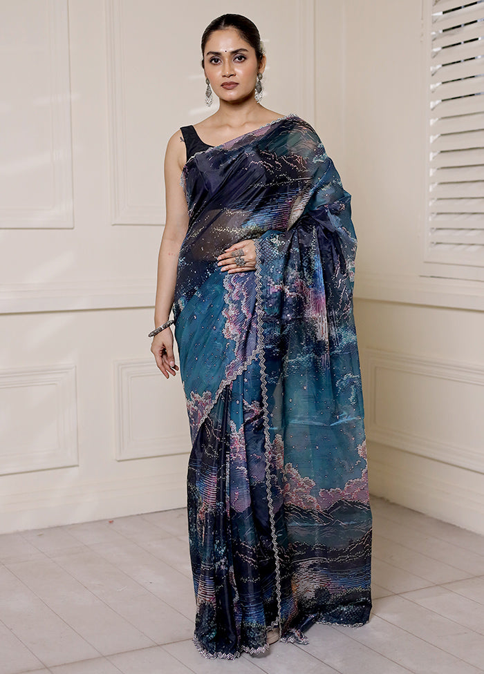 Blue Organza Saree With Blouse Piece