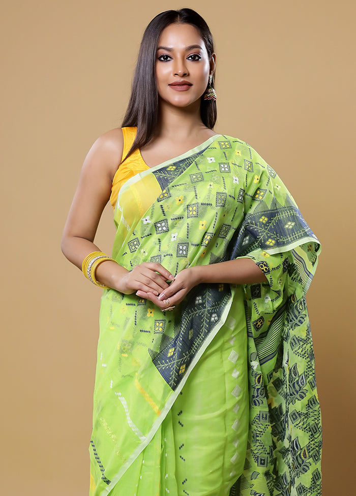 Green Tant Jamdani Saree Without Blouse Piece