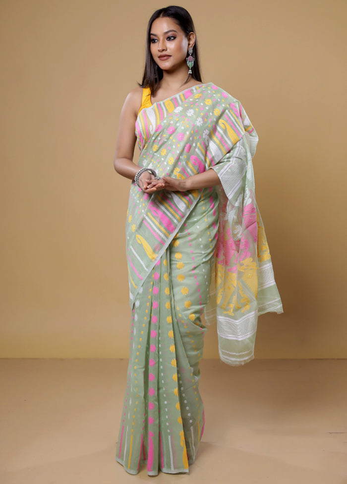 Green Tant Jamdani Saree Without Blouse Piece