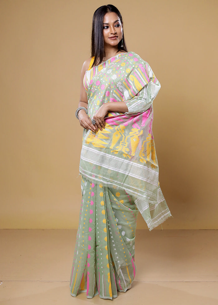 Green Tant Jamdani Saree Without Blouse Piece