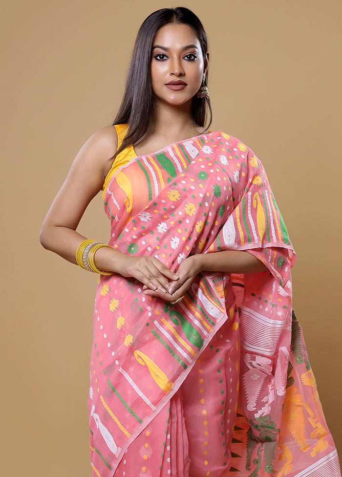 Pink Tant Jamdani Saree Without Blouse Piece