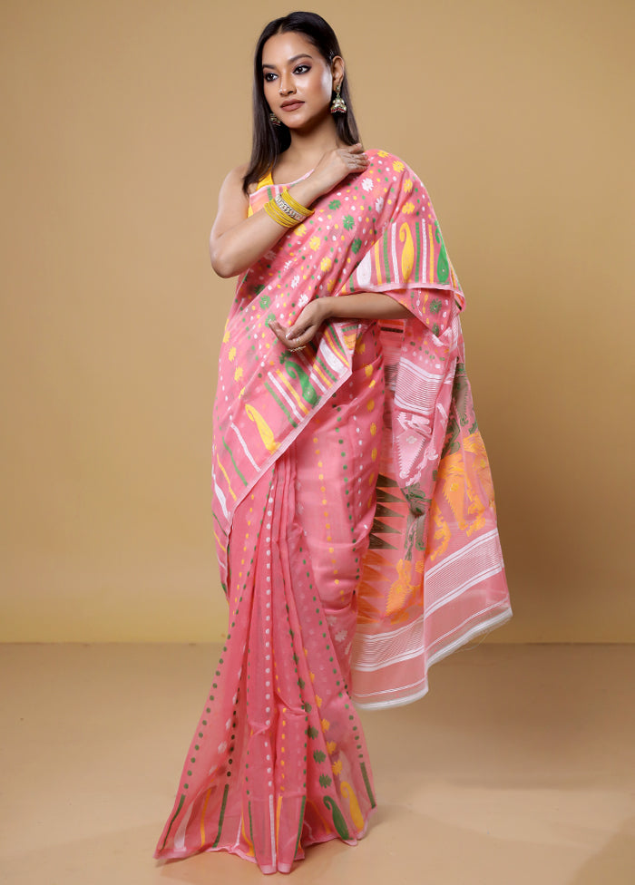 Pink Tant Jamdani Saree Without Blouse Piece