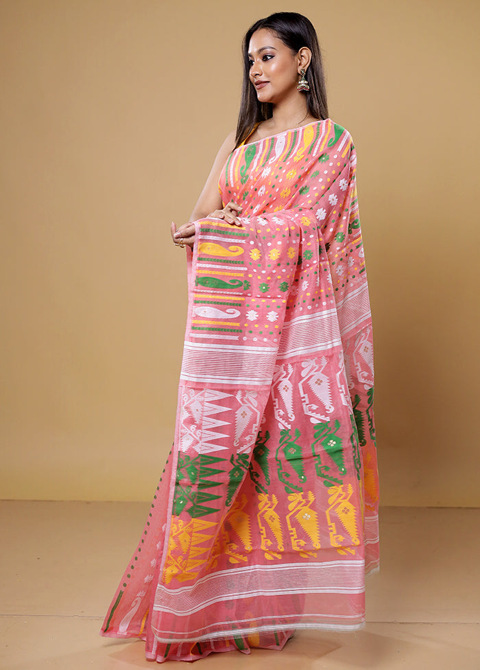 Pink Tant Jamdani Saree Without Blouse Piece