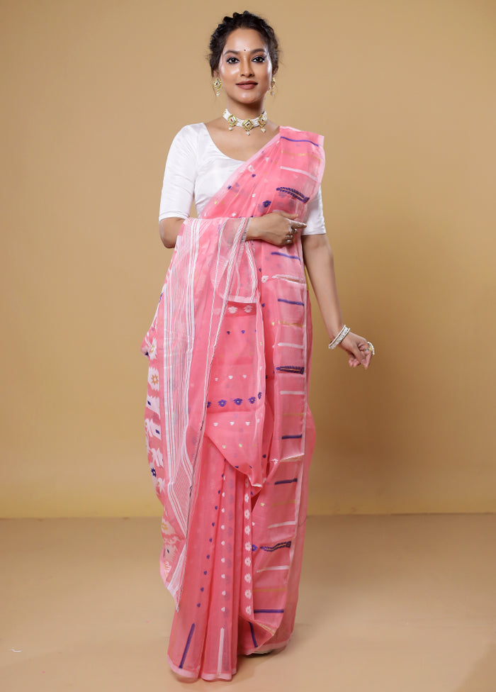 Pink Tant Jamdani Saree Without Blouse Piece