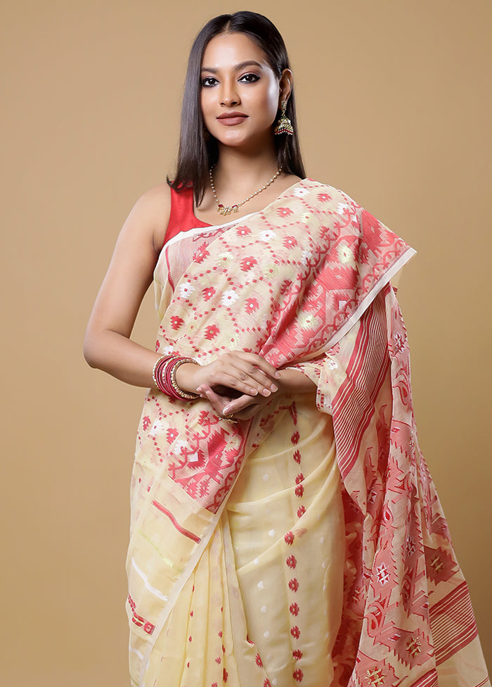 Cream Tant Jamdani Saree Without Blouse Piece